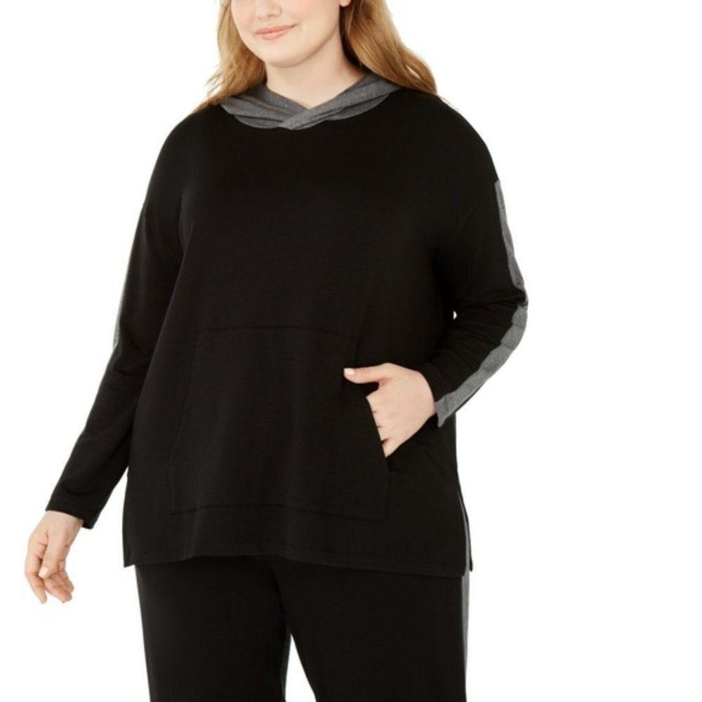 Eileen Fisher Gray Black Tencell Spandex Knit Long Sleeve Hoodie Top Size Medium